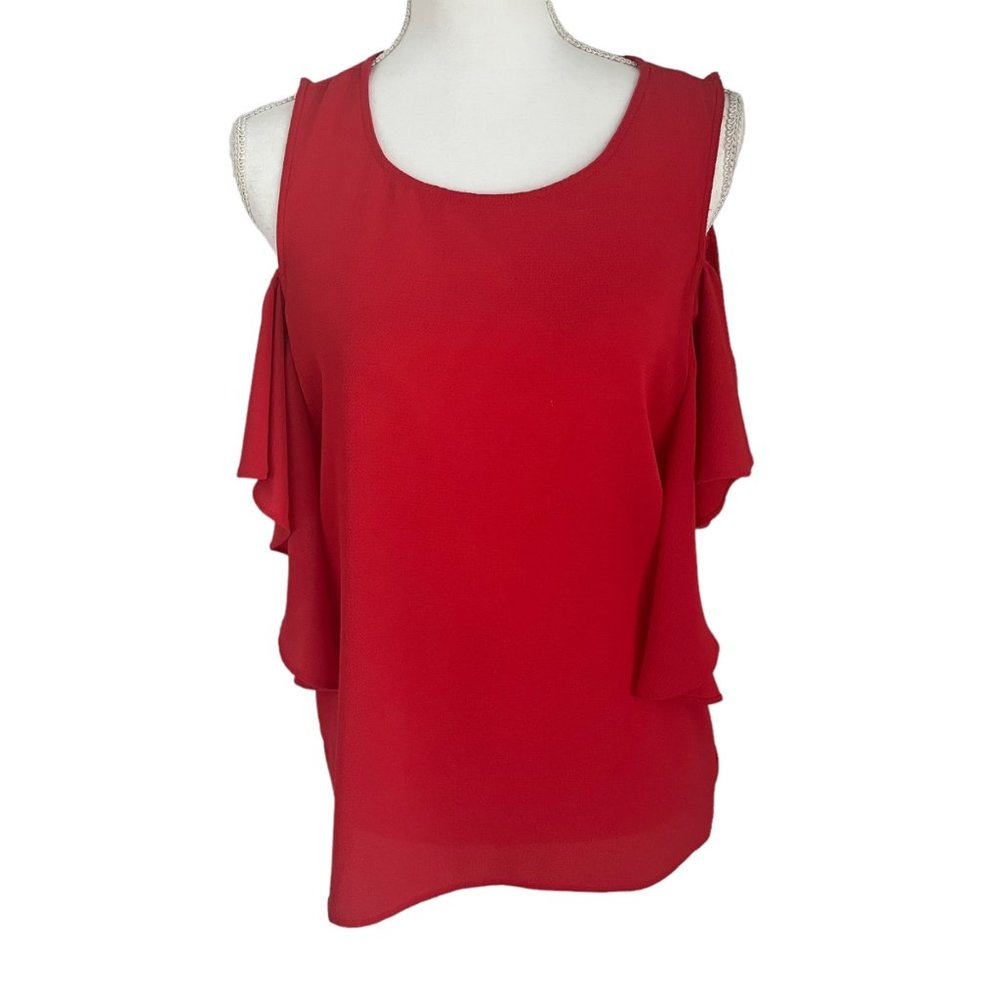 Bobeau Red Scoop Neck Cold Shoulder Short Sleeve Ruffle Blouse Medium M